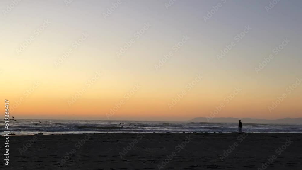 Silhouette of an old man in a cowboy hat on the ocean beach at sunset. A man walks along the ocean, stops and looks at the waves and and flying birds. Pacific Ocean. Silhouette of an old man in a cowboy hat on the ocean beach at sunset. A man walks along the ocean, stops and looks at the waves and and flying birds. Pacific Ocean.