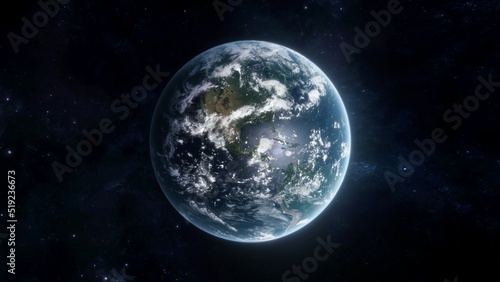 Earth in space. Blue planet wallpaper with North and South America. 3D illustration of Globe on star field background with starry sky in interstellar space. Elements of this image furnished by NASA.
