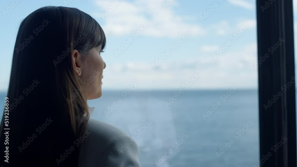 Closeup businesswoman silhouette watching sea view window. Entrepreneur break Closeup businesswoman silhouette watching sea view window. Entrepreneur break