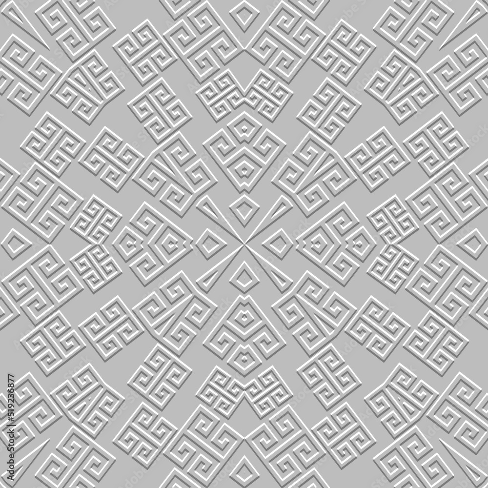 Emboss greek 3d seamless pattern. Embossed relief white background. Greek key meanders surface geometric ornament. Abstract repeat textured backdrop. Embossing endless texture. Modern ornate design