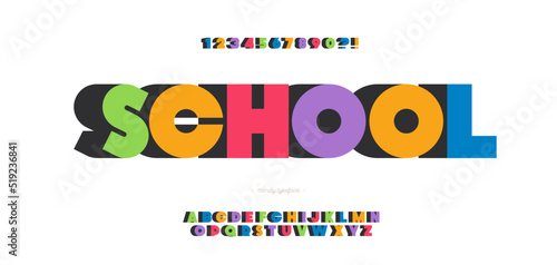 School font 3d bold color style modern typography for poster, event decoration, motion, video, game, t shirt, book, banner, printing. Cool typeface. Trendy alphabet. 10 eps