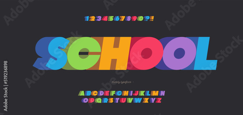 School font 3d bold color style modern typography for poster, event decoration, motion, video, game, t shirt, book, banner. Cool typeface. Trendy alphabet. Vector 10 eps