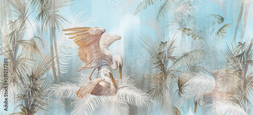photo-wallpaper-with-birds-in-a-nest-on-a-textured-background-in-leaves-in-light-colors-in-a-pastel-style