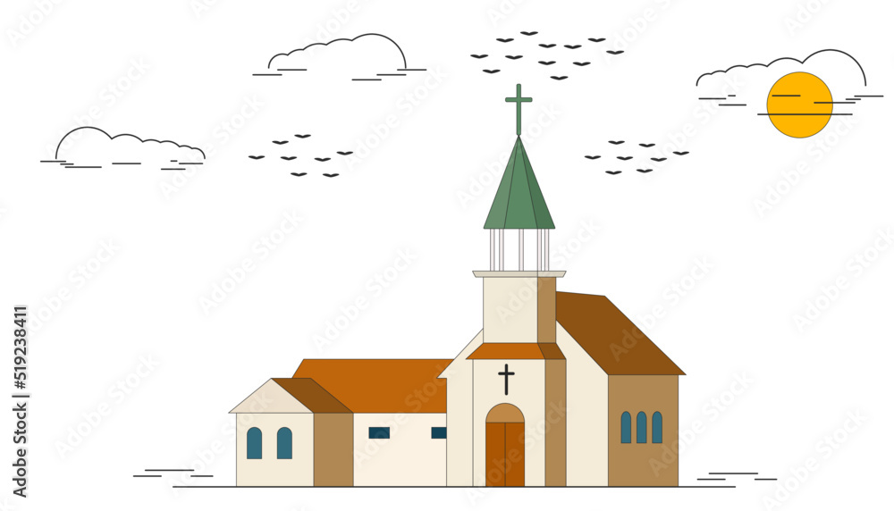 Flat vector design of melville lutheran church.
Christian church. Religion, faith, god and Christianity concept.