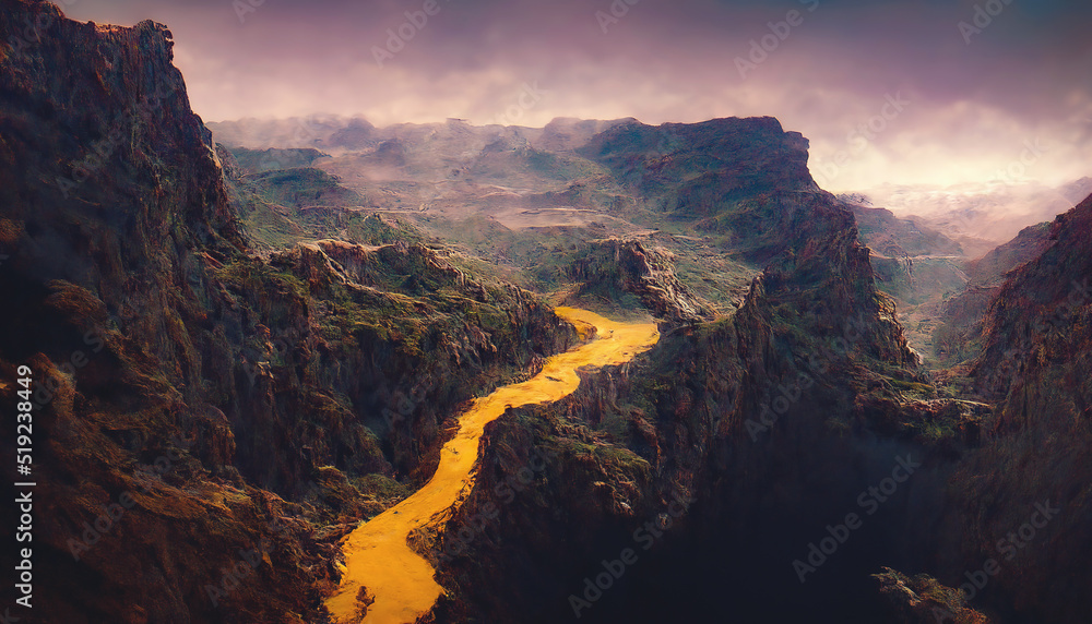 Canyon, a deep river valley with very steep, often sheer slopes and a narrow bottom. Fantasy mountain landscape, mountain river, fog, top view. 3D illustration.