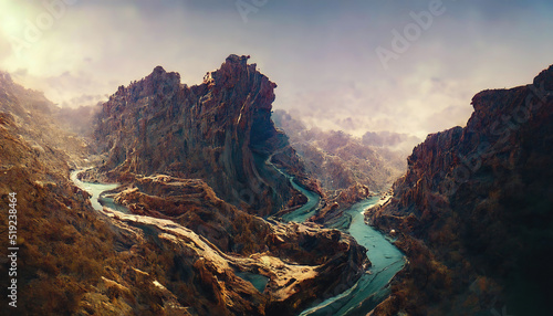 Canyon, a deep river valley with very steep, often sheer slopes and a narrow bottom. Fantasy mountain landscape, mountain river, fog, top view. 3D illustration.