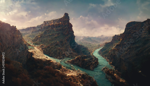 Canyon, a deep river valley with very steep, often sheer slopes and a narrow bottom. Fantasy mountain landscape, mountain river, fog, top view. 3D illustration. © MiaStendal