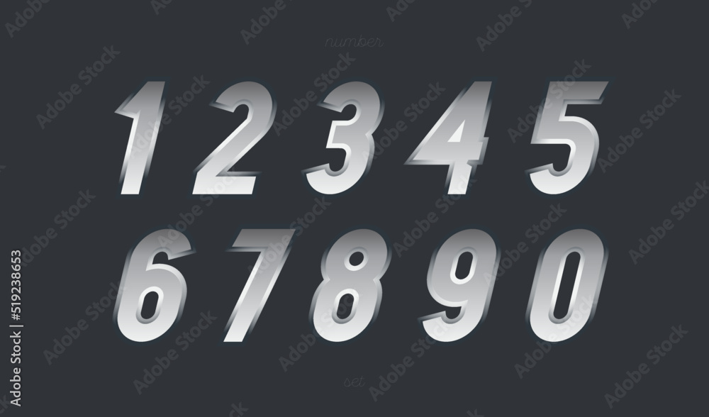 Vector number set 3d metallic style modern typography for game, poster, birthday, decoration, animation, t shirt, racing, promotion, banner, printing. Cool font. 10 eps Vector number set 3d metallic style modern typography for game, poster, birthday, decoration, animation, t shirt, racing, promotion, banner, printing. Cool font. 10 eps
