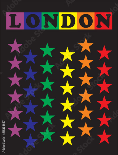 The inscription LONDON. Vector LGBT pattern for T-shirt made for Great Britain pride parade with pride elements. LGBT symbol in rainbow colors.