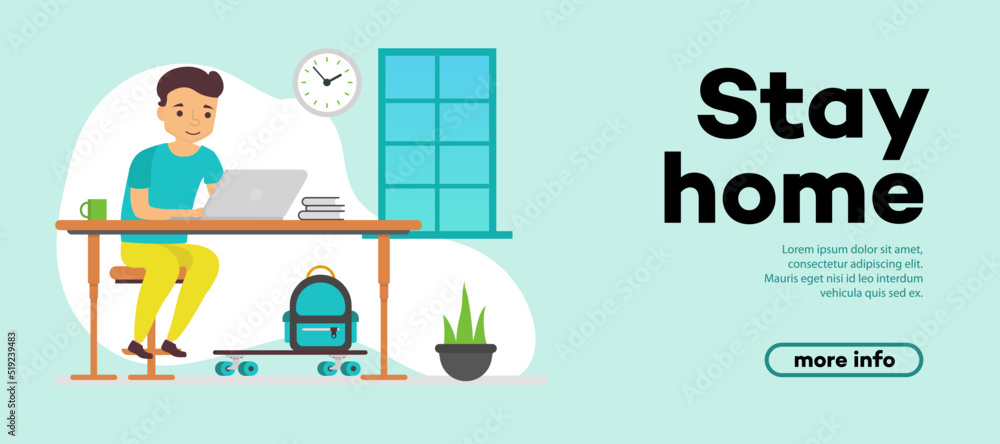 Stay at home, work from home, coworking space, concept illustration. Young man freelancer working on laptops at home. Self quarantine. Vector flat style illustration 10 eps