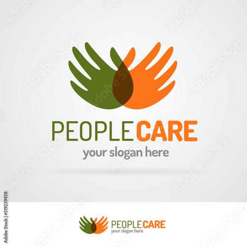People care logo with hands for business sign, protection, voluntary and philanthropy organization, medical company, healthy firm. Vector 10 eps
