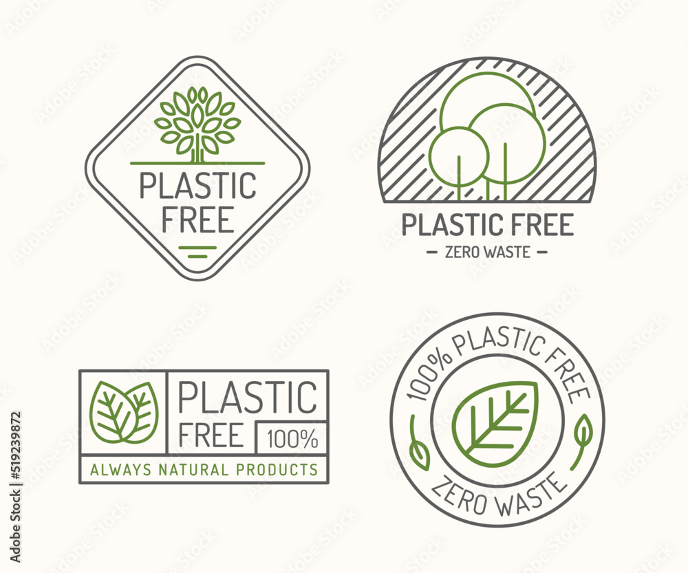 Plastic free vector sign set for farm fresh shop, eco label, control sticker, ecological and natural product market, vegan food store, organic product, bio store. 10 eps Plastic free vector sign set for farm fresh shop, eco label, control sticker, ecological and natural product market, vegan food store, organic product, bio store. 10 eps