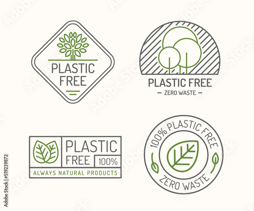Plastic free vector sign set for farm fresh shop, eco label, control sticker, ecological and natural product market, vegan food store, organic product, bio store. 10 eps