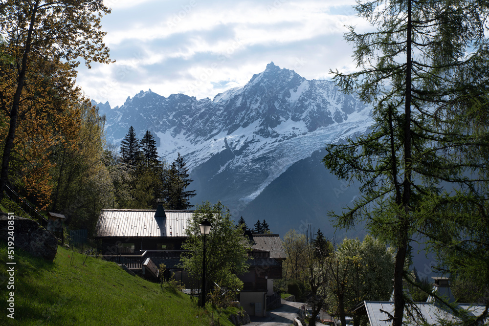 Landscape of the French Alps with the Mont Blanc and the aiguille du midi