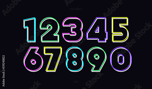 Vector number set neon style modern typography for game, poster, birthday, decoration, animation, t shirt, racing, promotion, banner, printing. Cool font. 10 eps
