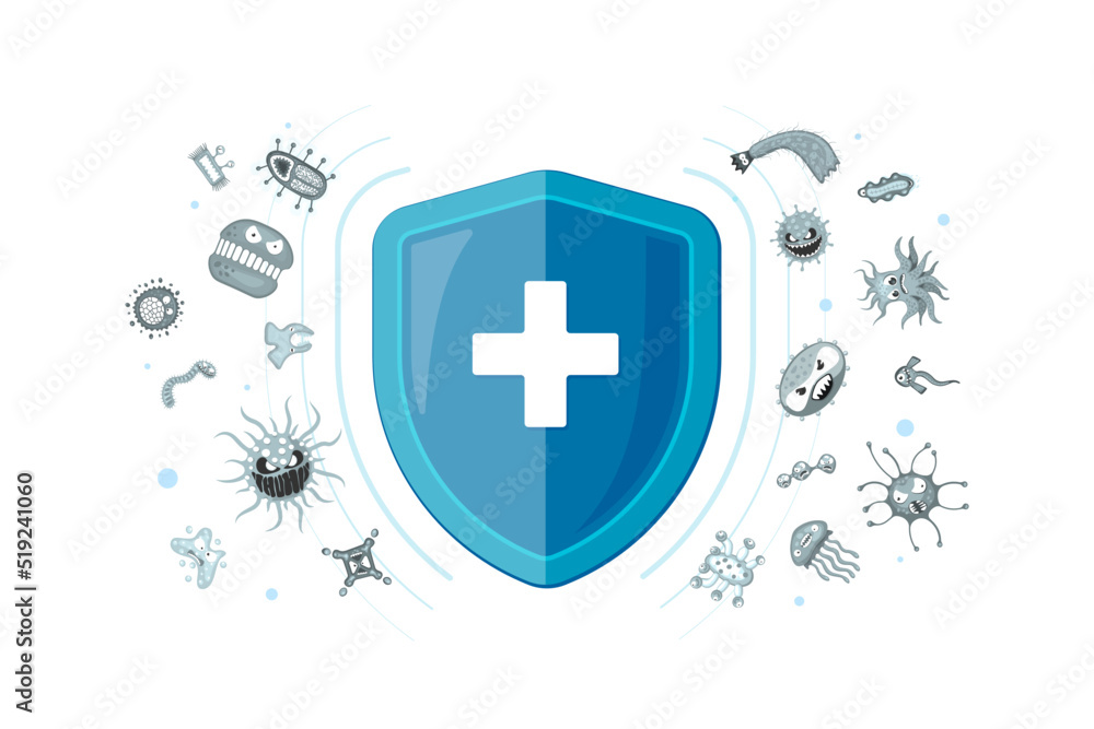 Immunity hygienic medical prevention blue hygienic shield protecting from virus germs and bacteria. Immune system banner design concept. Microbiology and medicine vector eps illustration - obrazy, fototapety, plakaty 