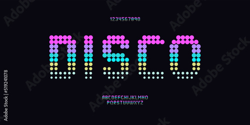 Vector disco font neon color style modern typography. Cool vintage typeface for decoration, logotype, poster, t shirt, book, card, sale banner, printing on fabric, industrial. Trendy alphabet. 10 eps