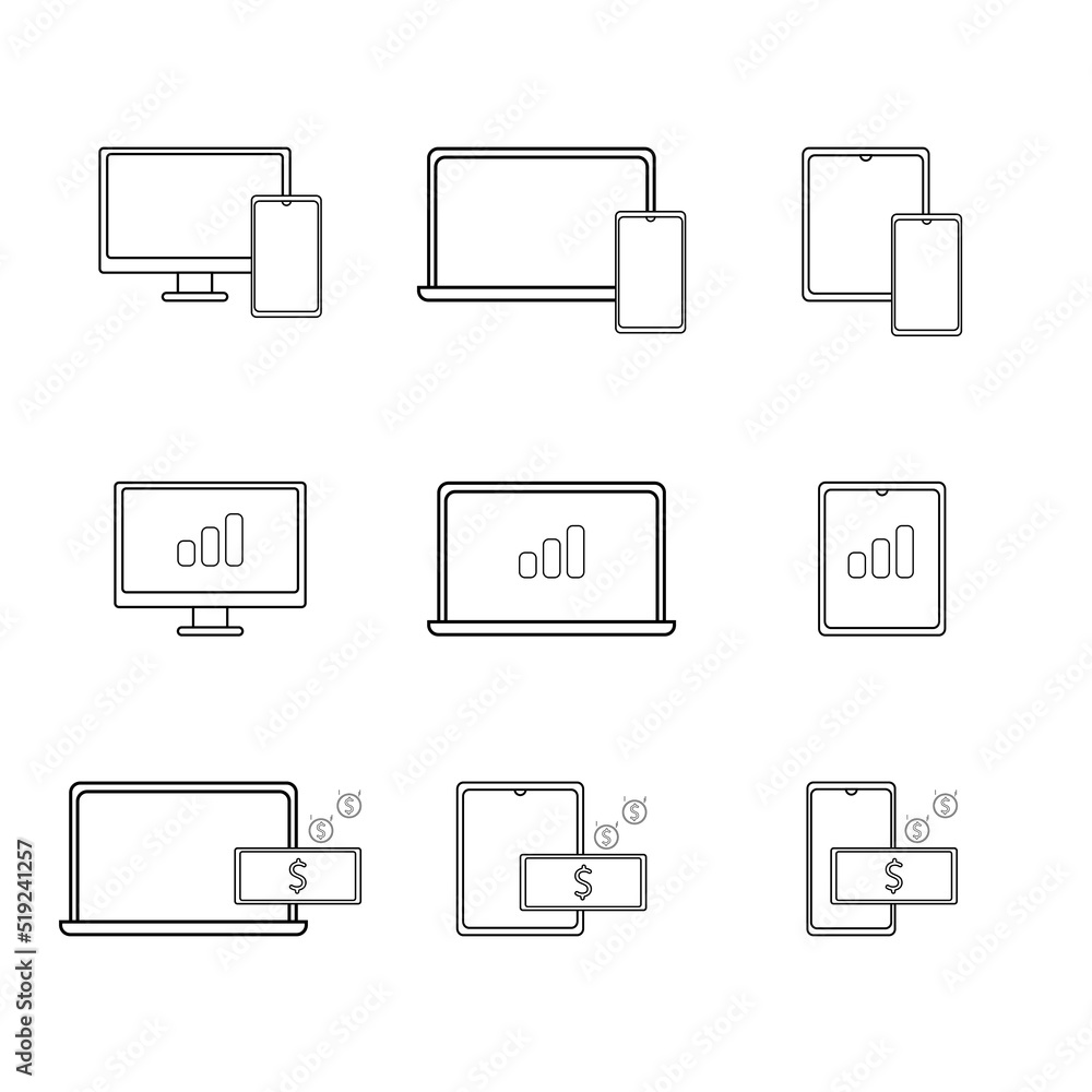 Electronic devices in outline style. Vector icon set of computers, laptops and smartphones