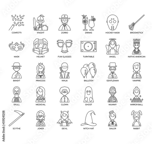 Set of Costume party thin line icons for any web and app project.