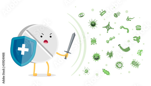 Pharmaceutical tablet protects health and fights contagious viruses and germs. Character strong medicine with medical shield and sword protect from pathogenic bacteria. Antibiotic drug healthcare. Eps