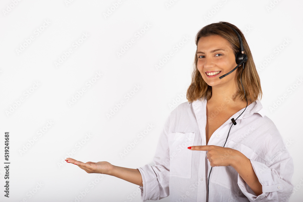 Happy customer care representative pointing concept. Happy customer care representative pointing concept.