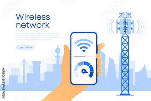 5g technology and communication concept. 5G towers network technology. Speed test. Vector illustration.