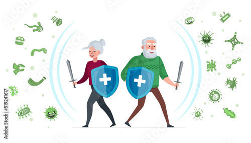 Elderly health care and epidemiology concept. Old man and senior woman with shields protect from viruses and germs. Pensioner prevention and protection infection. Strong immunity in age people. Vector
