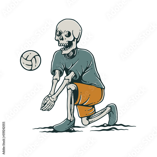 Cool Cartoon Skull Playing Volleyball. Volleyball Skull Vector Illustration for Merchandise or Poster Designs