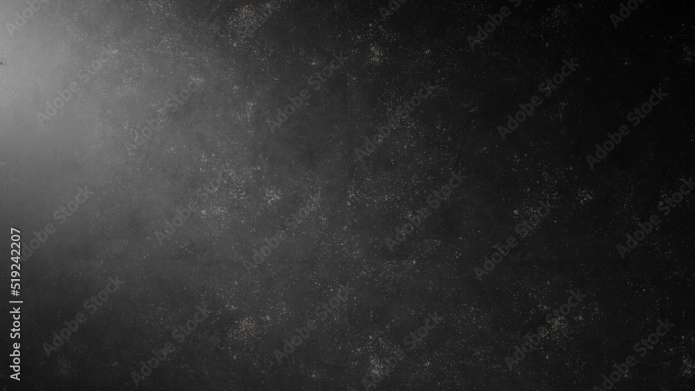 3D rendering. Dust texture on black background. Smoke or fog on a dark background. Black wall with side lighting. Black marble wall with white dots.