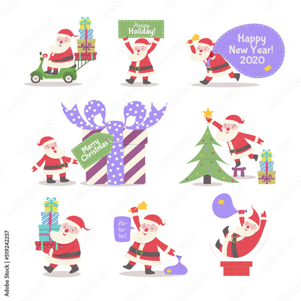 Fototapeta premium Santa Claus vector collection cartoon style with gifts, decoration christmas tree, driving on scooter for banner, tag, web site, calendar, holiday cover, flyer, brochure, poster, invitation. 10 eps