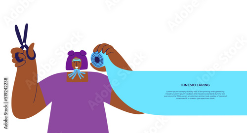 Girl with tapes on her face with tape and scissors in hands. Face modeling and lifting skin concept. Kinesio. Aesthetic facial taping.  Anti-age alternative in cosmetology. Frownies. Facial patches