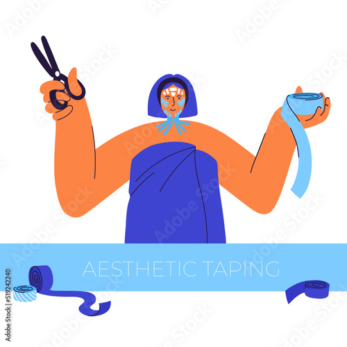 Girl with tapes on her face. Girl with scissors in hand. After bath. Face modeling and lifting skin concept. Aesthetic facial taping.  Anti-age alternative in cosmetology. Frownies. Facial patches