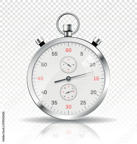 Silver watch on copy space. Timer or stopwatch on transparent background. Stylish accessory with modern design, device for counting time. For banner or website. Realistic 3D vector illustration