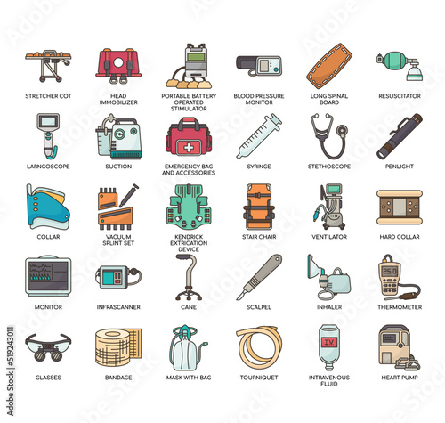 Set of Emergency Vehicle Equipment thin line icons for any web and app project.