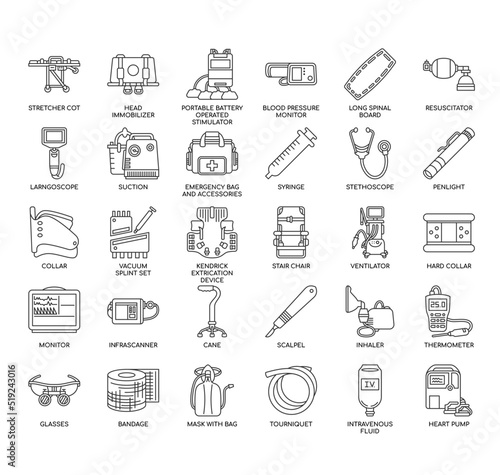 Set of Emergency Vehicle Equipment thin line icons for any web and app project.