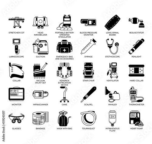 Set of Emergency Vehicle Equipment thin line icons for any web and app project.