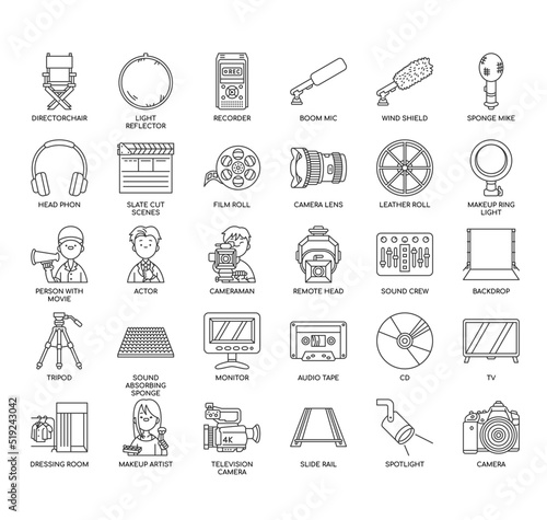 Set of Film Division  thin line icons for any web and app project.