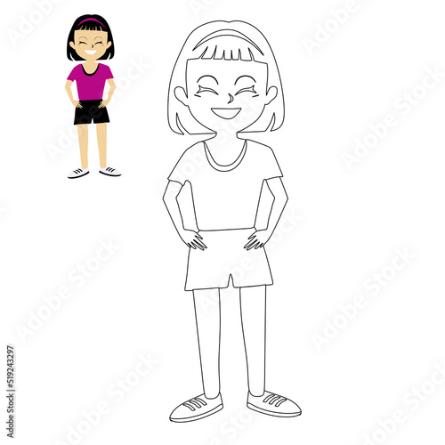 Cute girl standing smiling. Cheerful character in fitness, aerobics and yoga classes linear vector illustration. Coloring book for children.