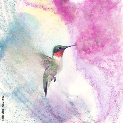 Digital Watercolor Painting of Hummingbird and flowers