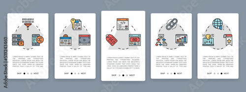 Set of SEO mobile app screens. Bookmark, Hosting, Hyperlink, Advertisement, Data vertical banners with colored line icons. Banner layout template.