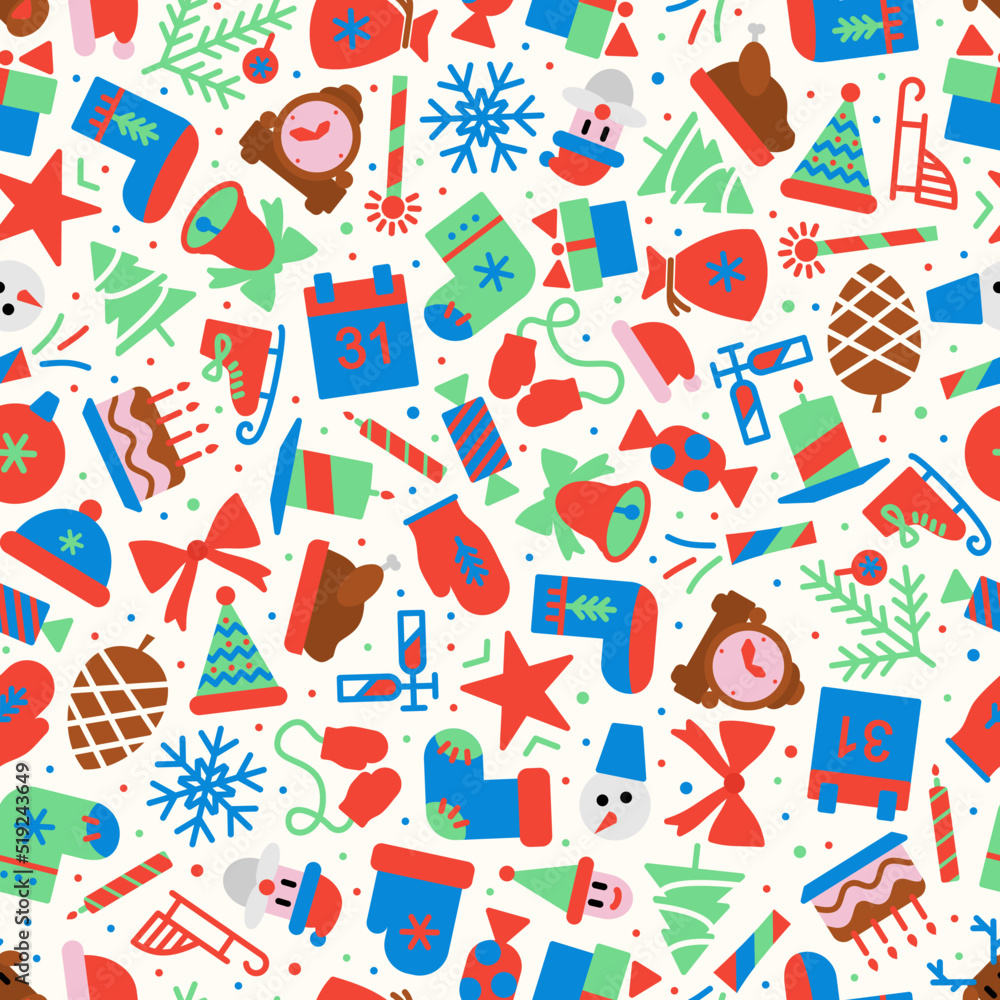 christmas pattern with holiday symbols - santa, deer, christmas ball, gift, snowflake for decoration, website, calendar, cover, flyer, poster, greeting card. Holiday background. Vector EPS10