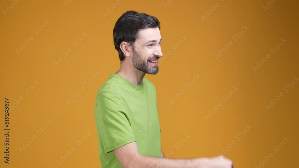 Guy advertise lottery win scream empty space isolated shine color background Guy advertise lottery win scream empty space isolated shine color background