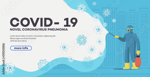 Novel coronavirus 2019-nCoV background. Sanitary worker in protective suits spreading chemicals on virus. Prevent coronavirus. Corona virus prevention. Virus Infection. Medical wallpaper. Quarantine