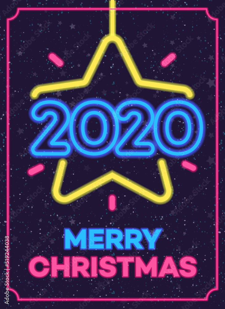 2020 christmas celebration greeting card neon style with holidays wis on snow holiday background for flyer, brochure, party, banner, greeting card, invitation, printing. Happy New Year. Vector 10 eps - obrazy, fototapety, plakaty 