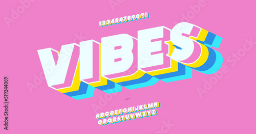 Vector vibes 3d bold font colorful style trendy typography for decoration, logo, party poster, t shirt, book, card, sale banner, printing on fabric, stamp. Cool alphabet. Modern typeface. 10 eps