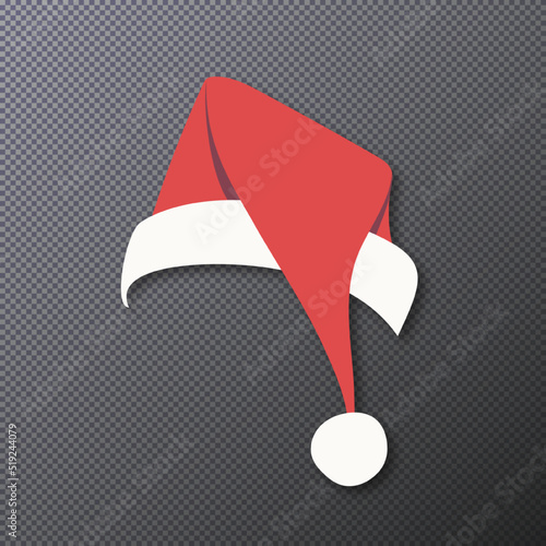Vector Santa Claus hat isolated on transparent background for festive, party, photo booth, scrapbooking, video chat effect, mask for social media. New year costume. Winter cap. Vector 10 eps