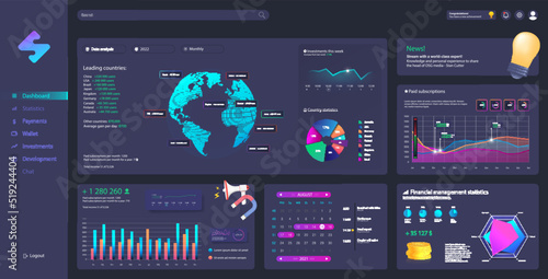 Beautiful Dashboard Mockup with UI, UX, KIT and illustrations. Graphic admin panel template.  Business infographic, data, statistic, graphic in modern flat dashboard. Mockup UI admin panel. Vector