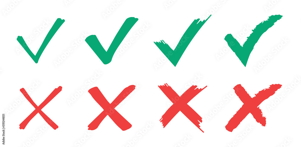 Green check mark and red cross mark hand drawing isolated on white background. Green check mark and red cross mark hand drawing isolated on white background.