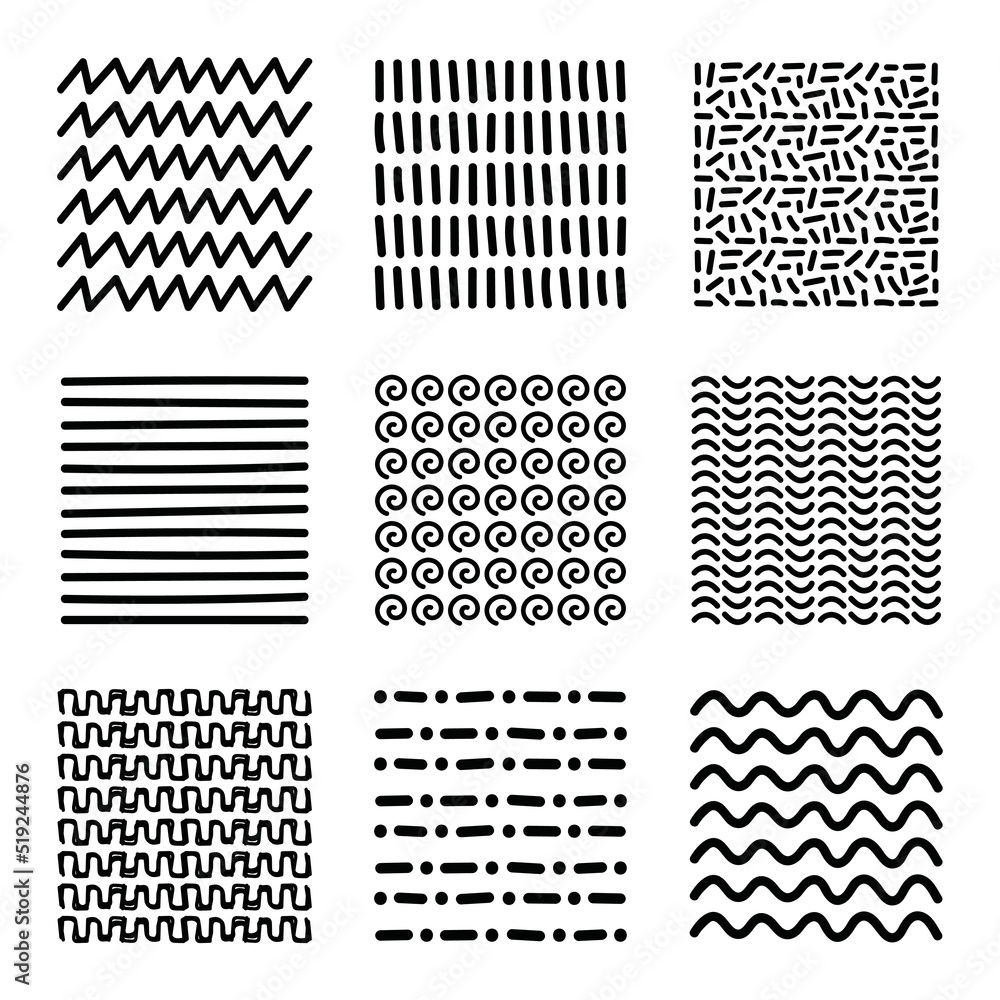 Hand drawn abstract lines pattern collection. Set of wavy strokes doodle texture illustration.