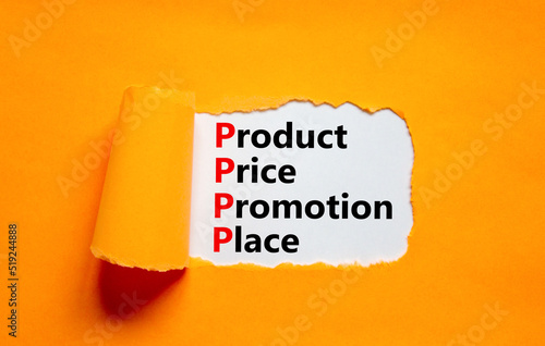 PPPP product price promotion place symbol. Concept words PPPP product price promotion place on white paper on beautiful orange background. Business and PPPP product price promotion place concept. photo